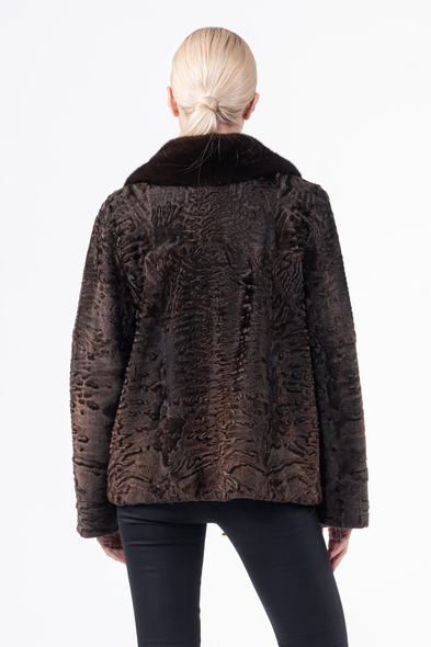 Куртка из меха каракульчи с английским воротником из меха не стриженой норки K-504-04