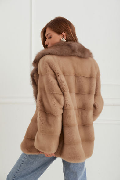 Жакет из меха стриженой норки с английским воротником из баргузинского соболя N-449-02