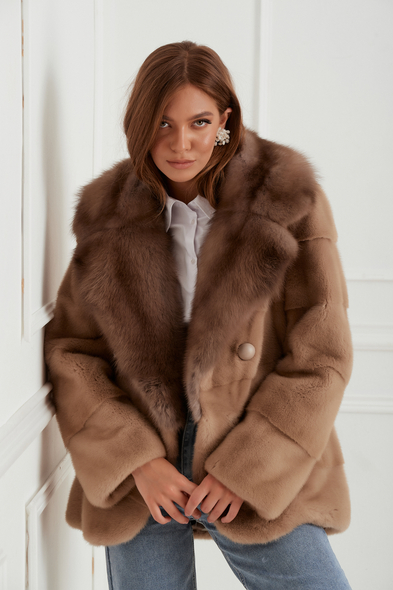 Жакет из меха стриженой норки с английским воротником из баргузинского соболя N-449-03